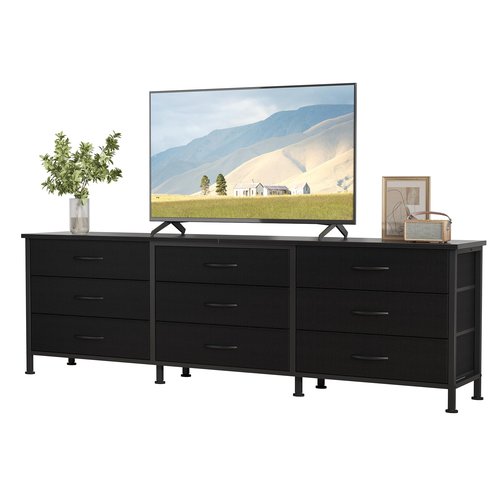 DUMOS TV Stands for Living Room Furniture with 9 Fabric Drawers, Long Entertainment Center Up to 75 Inch TV, Media Console Table with Storage for Bedroom, Adjustable Feet, Black