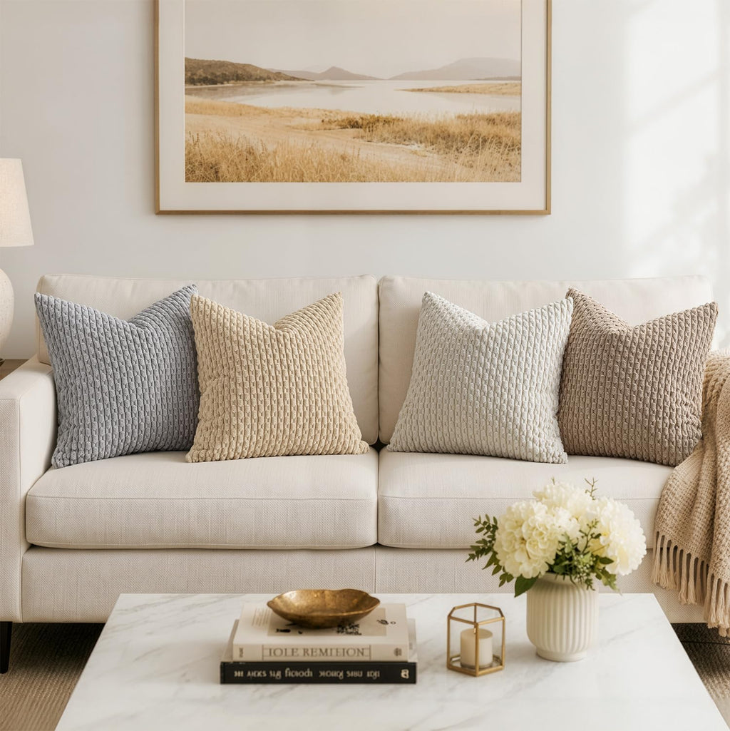 MIULEE Pack of 2 Decorative Throw Pillow Covers 18x18 Inch Soft Boho Striped Textured Corduroy Pillow Covers Modern Farmhouse Home Decor for Couch Bed Sofa Living Room Neutral Light Brown