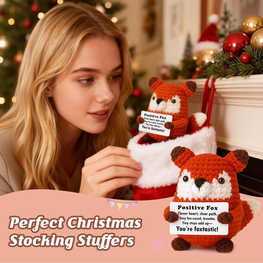 Positive Focus Mini Crochet Fox Plush | Kawaii Desk Decor with Pun Card for Year-Round Gifts