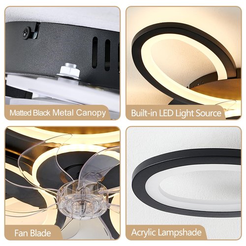 Black-Star Ring Ceiling Fans with Lights and Remote, 27 Inch Modern Low Profile Flush Mount Ceiling Fan, Dimmable LED Ceiling Light Fixture, Small Ceiling Fans for Bedroom, Kitchen, Indoor-Black