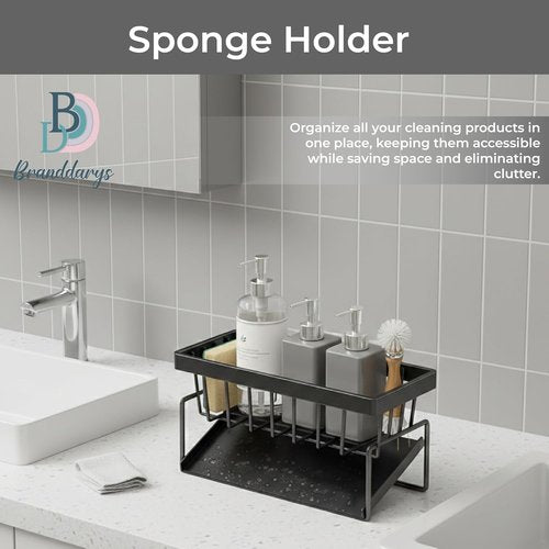 Black Stainless Steel Sponge Holder - Rotating Drain Spout & High Brush Holder | Kitchen Sink Organizer with 2 Bear Sponges