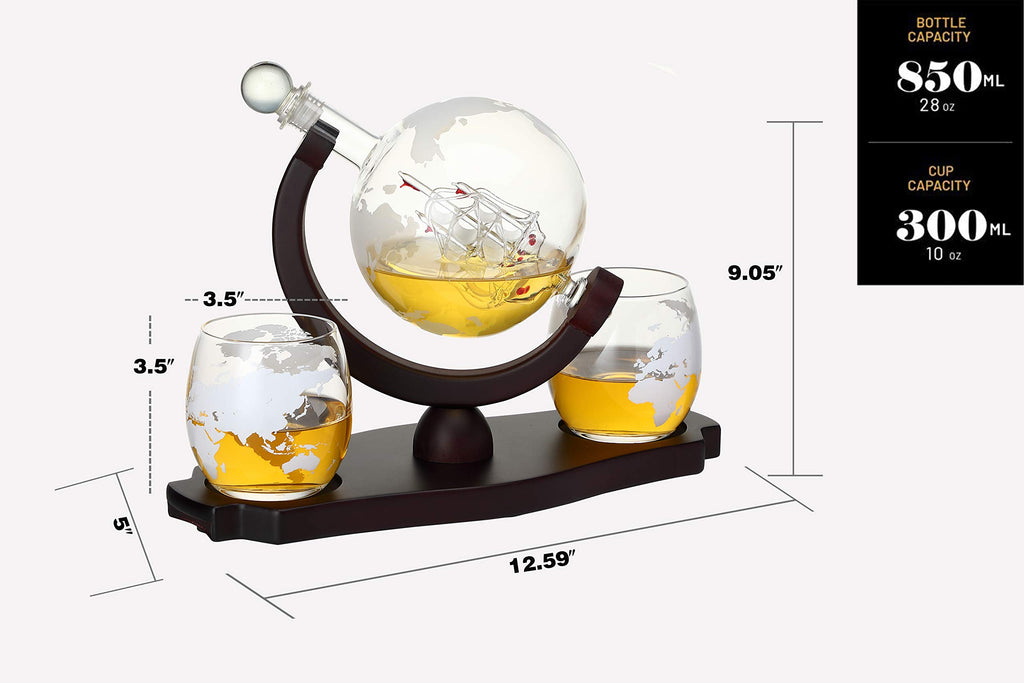 Verolux Whiskey Globe Decanter Set with 2 Etched Globe Glasses in Gift Box - Home Bar Accessories for Liquor, Whiskey, Brandy, Gin, Rum, Tequila, Vodka, and Brandy