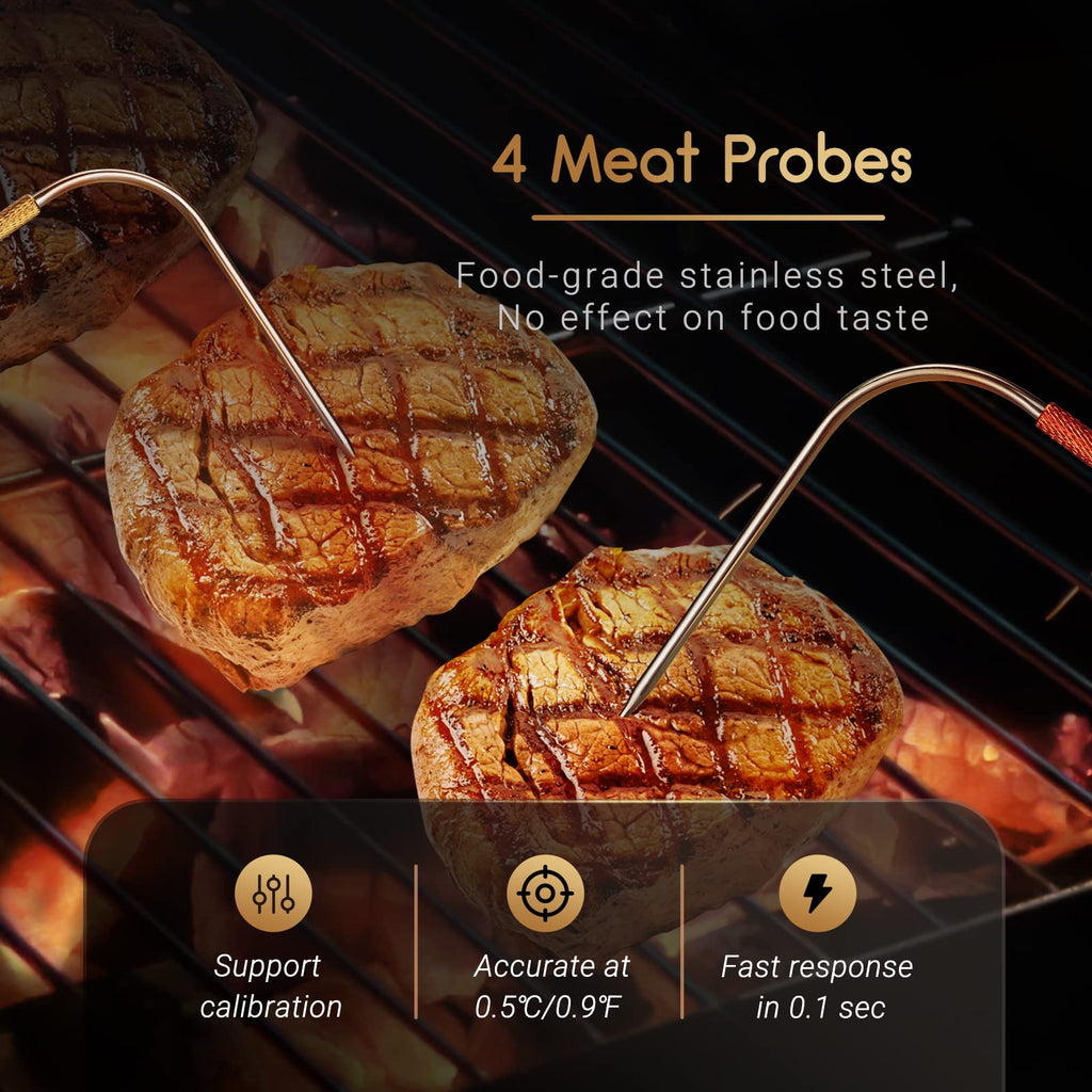 INKBIRD IBT-26S Bluetooth Wi-Fi BBQ Thermometer, with 4 Food-Grade Probes, APP Control, USDA Meat Presets, Temperature Alarm and Timer, Backlit LCD with Adjustable Brightness