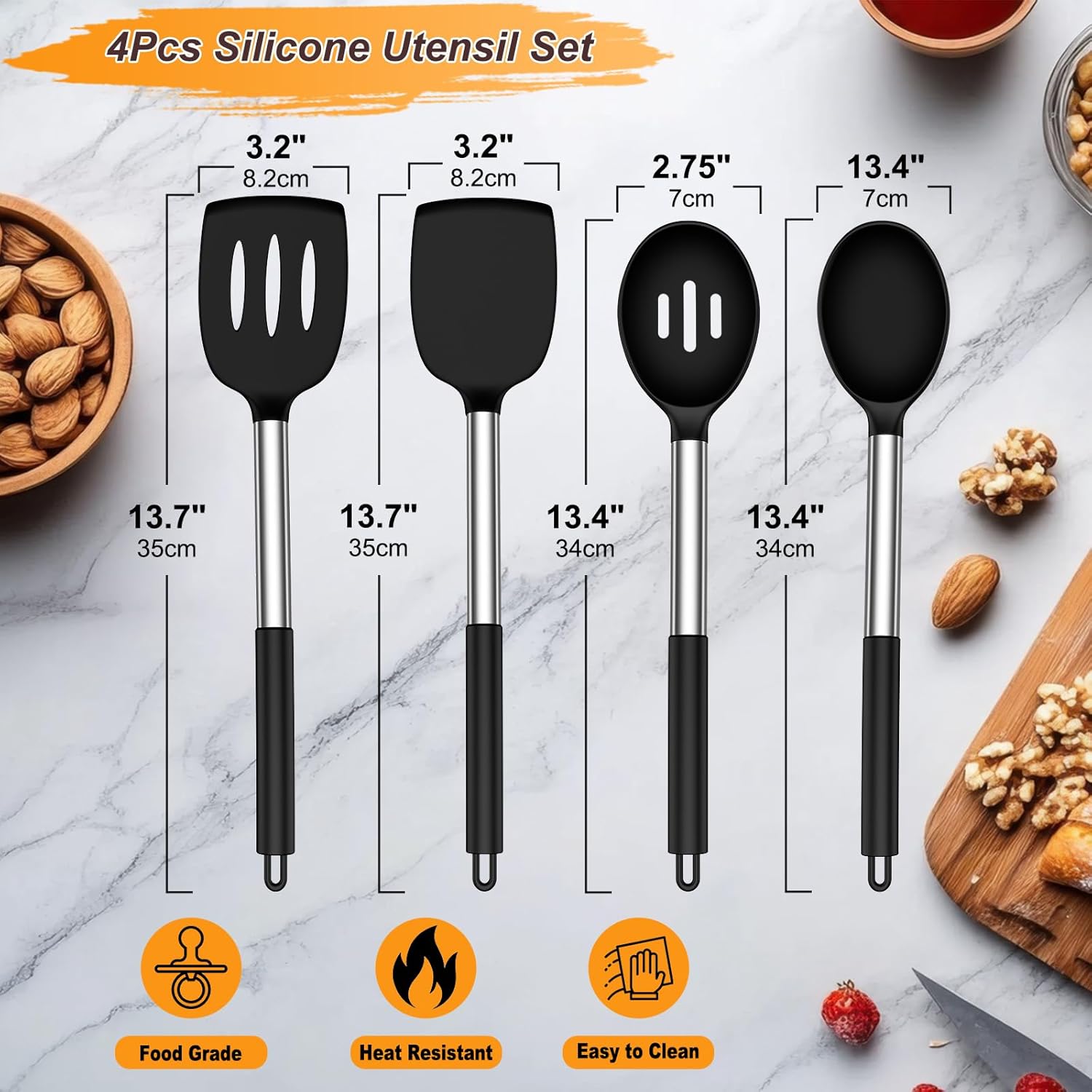 Yoehka Silicone Cooking Utensils Set - 4Pcs Heat Resistant Kitchen Tools with Stainless Steel Handles | Black