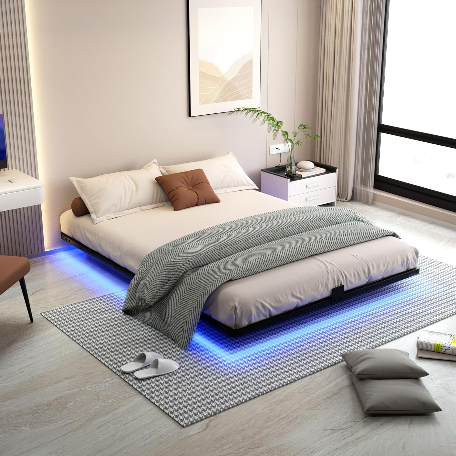 FSJianYi Queen Floating Bed Frame with LED Lights - Modern Metal Platform Bed Frame - Noise Free No Box Spring Needed and Easy Assembly,60W x 80L in