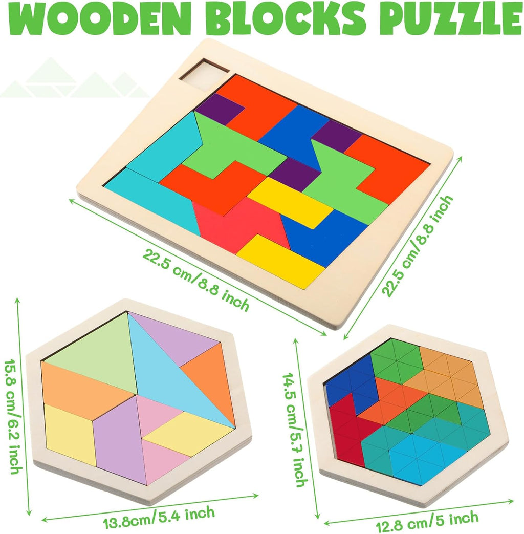 Yunsailing Large Hexagon Tangram Puzzle - 3 Pack Wooden Brain Teasers for Adults | Classic Geometric Challenge