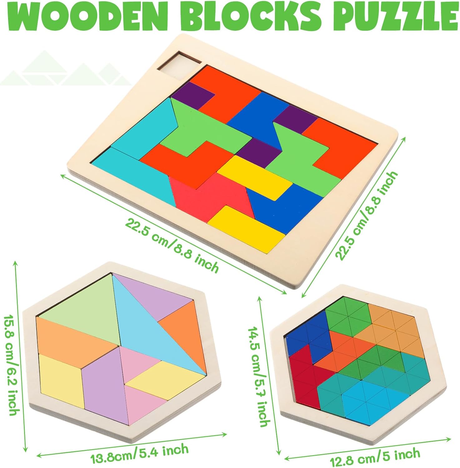 Yunsailing Large Hexagon Tangram Puzzle - 3 Pack Wooden Brain Teasers for Adults | Classic Geometric Challenge