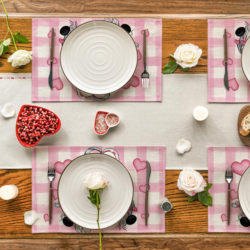 Artoid Mode Pink Buffalo Plaid Hearts Gnomes Valentine Placemats Set of 4, 12x18 Inch Seasonal Anniversary Holiday Table Mats for Party Kitchen Dining Decoration
