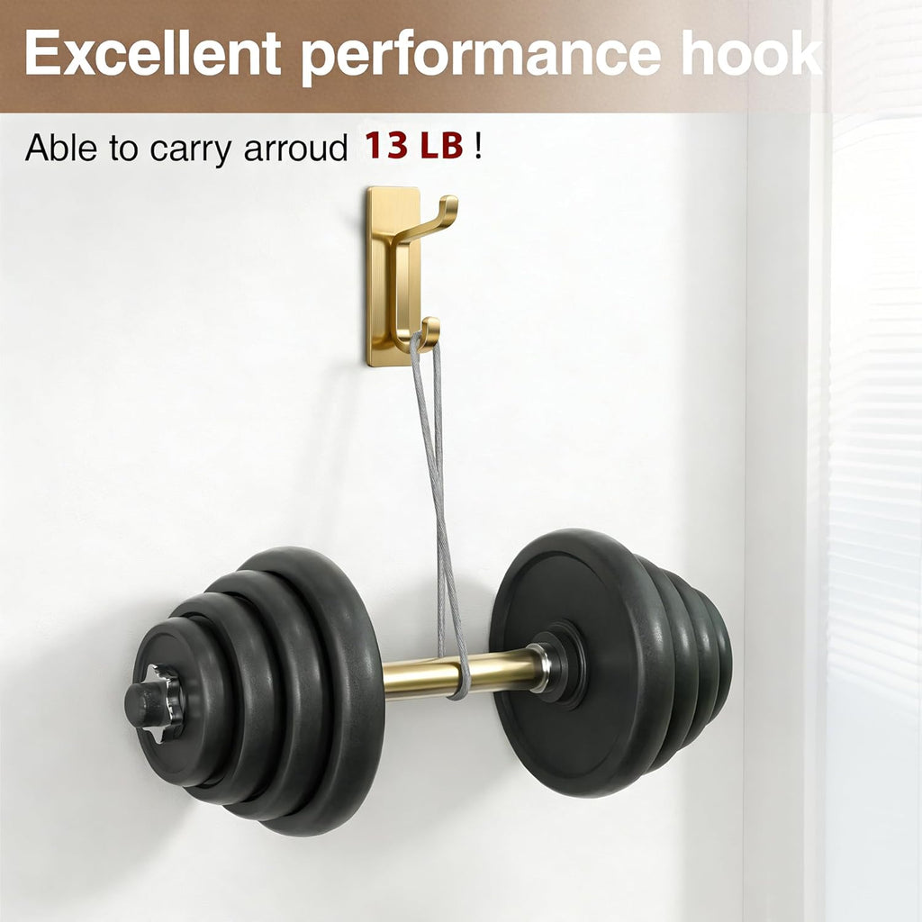 Pickpiff 12 Pack Wall Hooks - Strong Adhesive Coat & Towel Hangers | Brushed Gold Finish