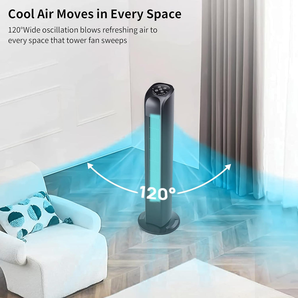 Uthfy Bladeless Tower Fan - 120° Oscillating with Remote Control, 3 Modes & 7.5H Timer | 30 Inch, Black