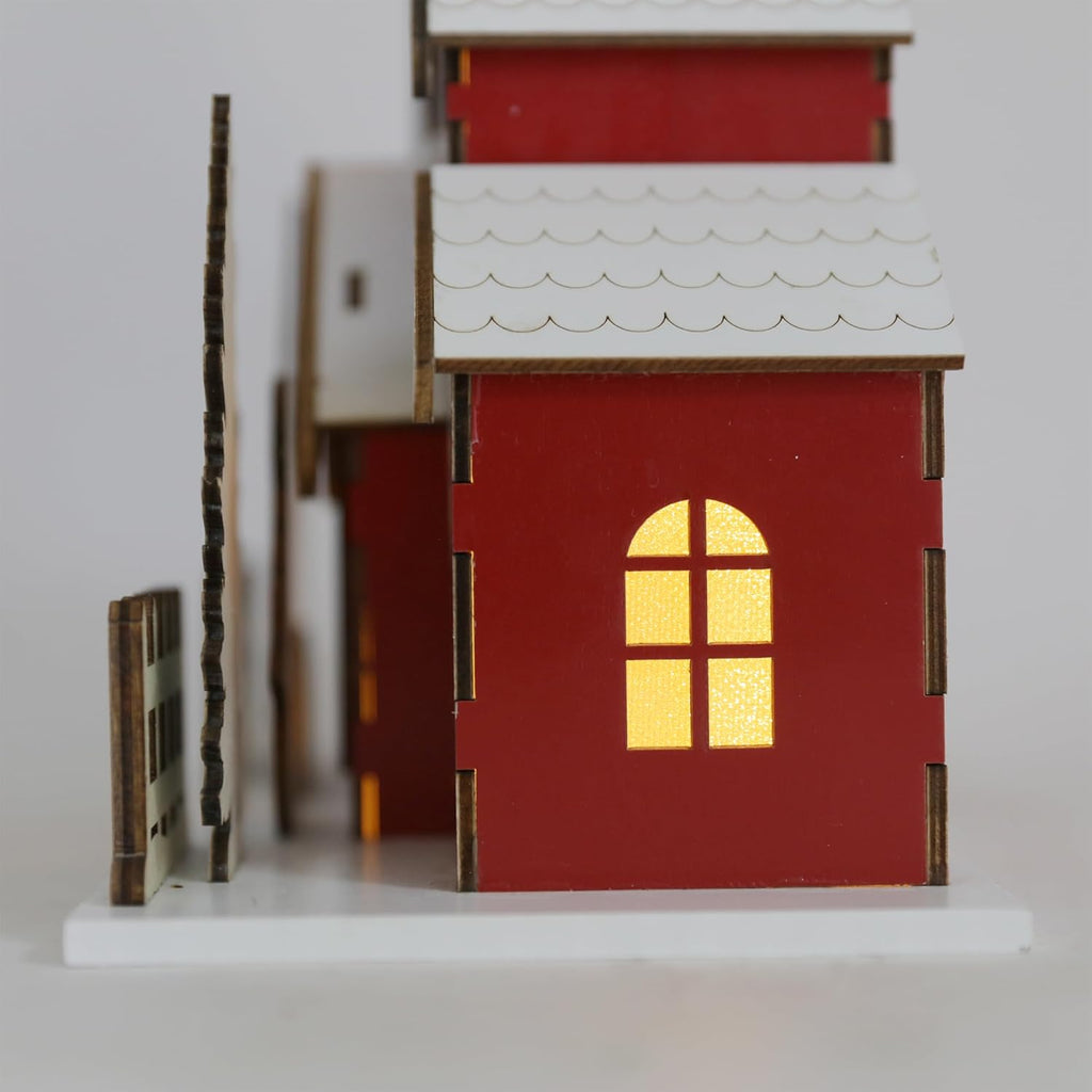 Wooden Lighted Christmas Church Decor | 11.8” Xmas Village Chapel with LED Lights & Snowman