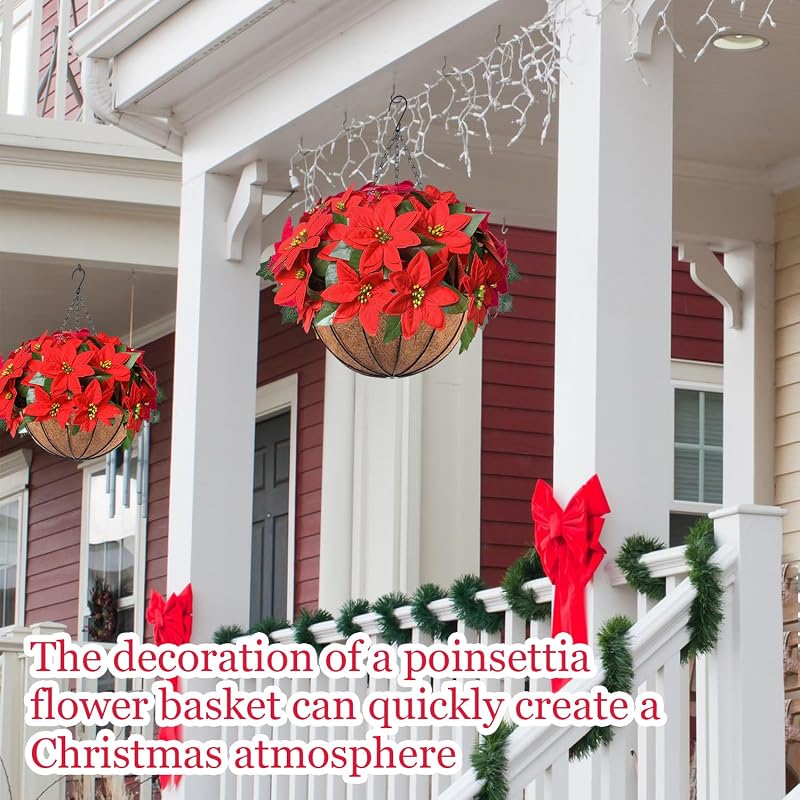 artificial christmas poinsettia hanging baskets 2-pack red flowers
