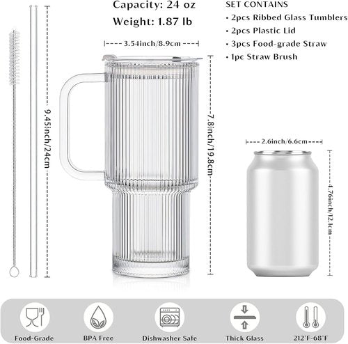 INSETLAN 24oz Glass Tumbler Set - Ribbed Design with Handle & Lid | Perfect for Iced Coffee, Smoothies & More