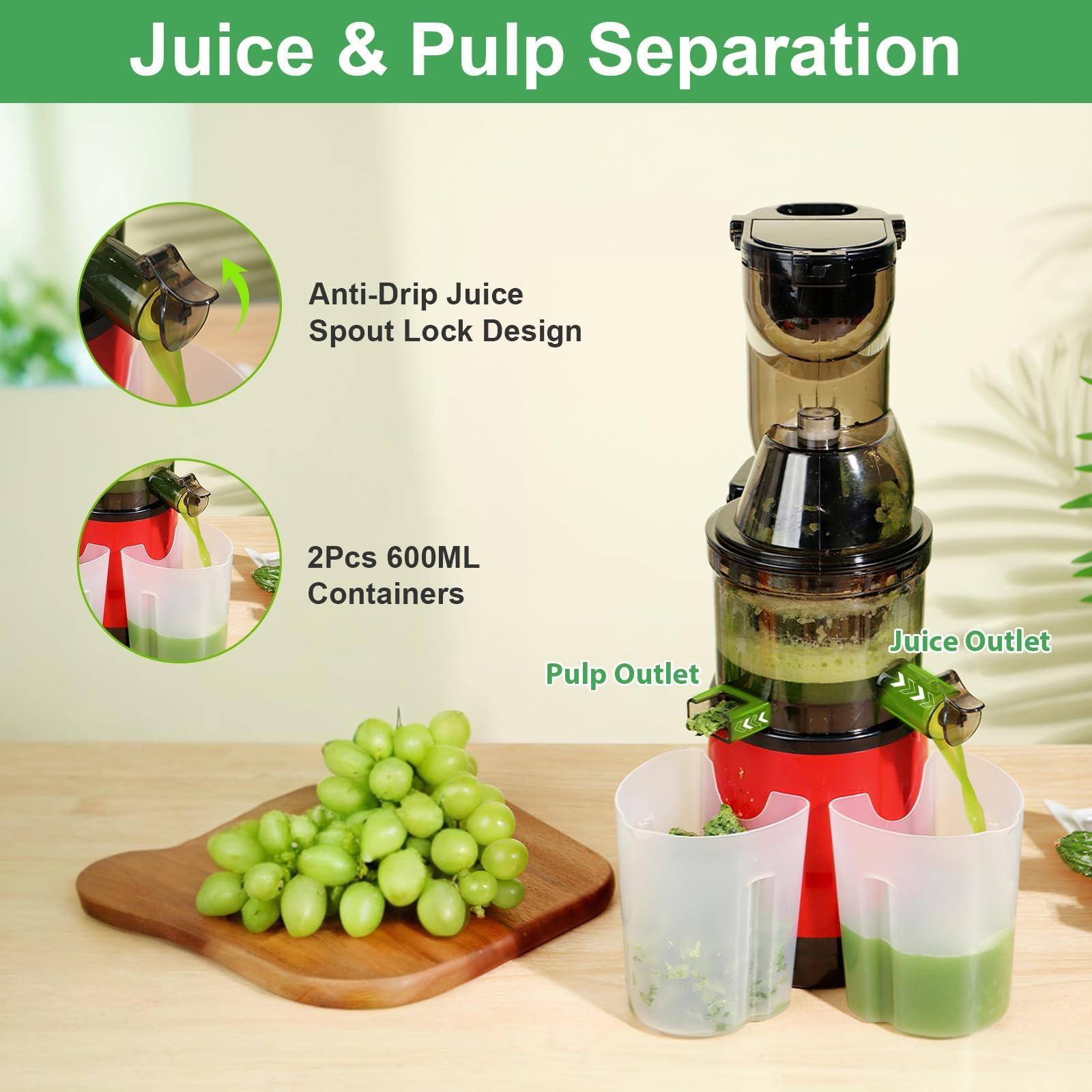 TeqHome Cold Press Juicer,300W Electric Masticating Juicer Machines with 3" Large Feed Chute for Whole Fruits and Vegetables,Upgraded High Juice Yield Juice Extractor Machine with 2 Cups,Easy to Clean