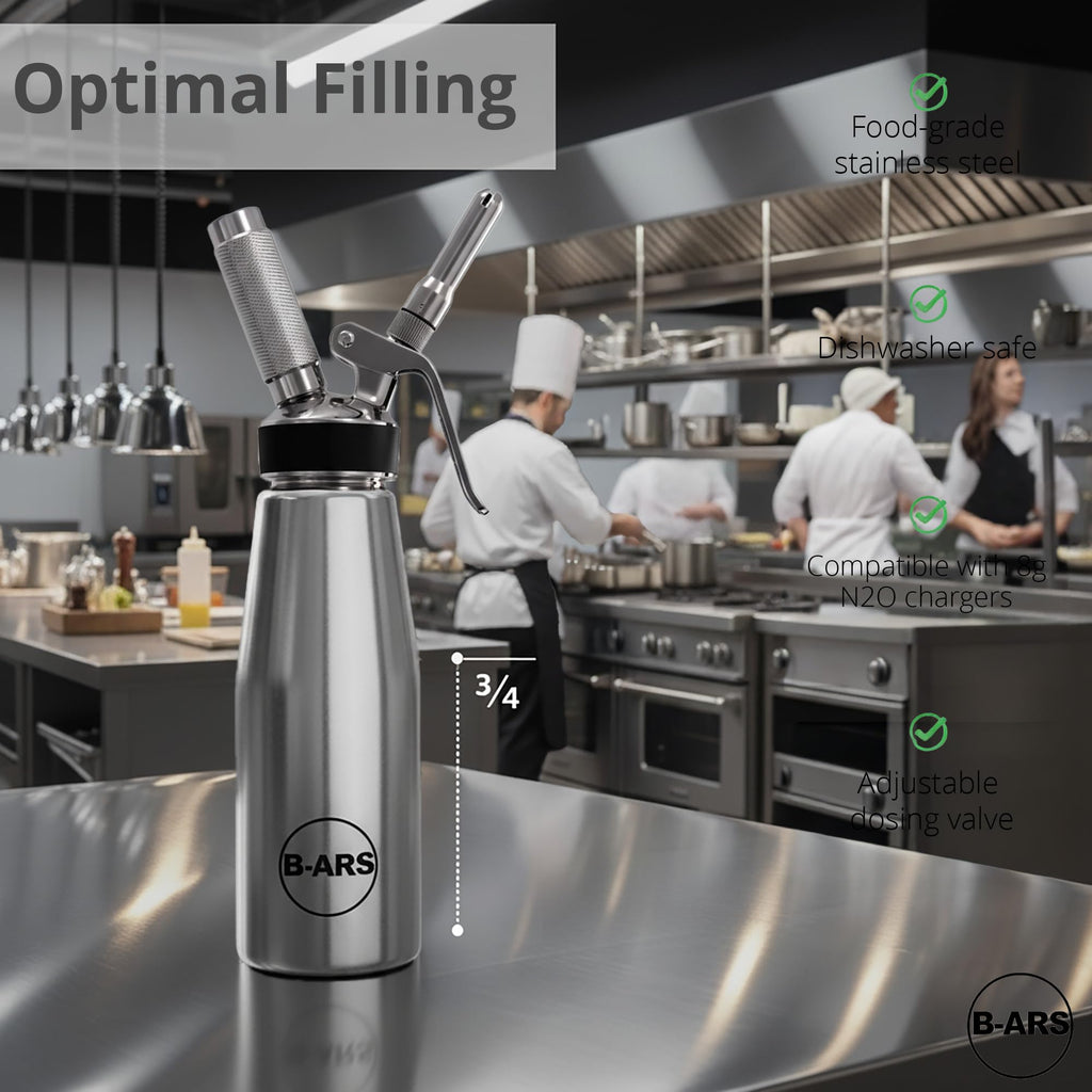 B-ARS Stainless Steel Whipped Cream Dispenser 500 ml Professional Siphon for Fresh Desserts Coffee Mousse Sauce with Nozzles Brush Recipe eBook Reusable Cream Maker for Barista Catering and Chefs Tool
