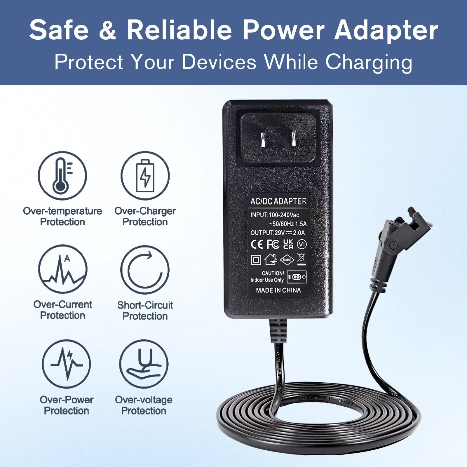 Universal Power Cord for Wall Plug-in Recliner Chair-2-Pin Adapter for Lift Chair,Recliner Sofa,Recliner Couch,29V 2A Recliner Power Supply Compatible with Most Makes & Models ZB-H290020A-C ZBPOWER