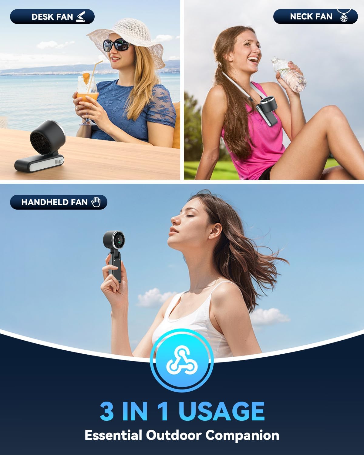 PlayHot Portable Handheld Turbo Fan - 5-Speed Wind | Battery Operated, 12-Hour Runtime, 3-in-1 Cooling Fan (Black)