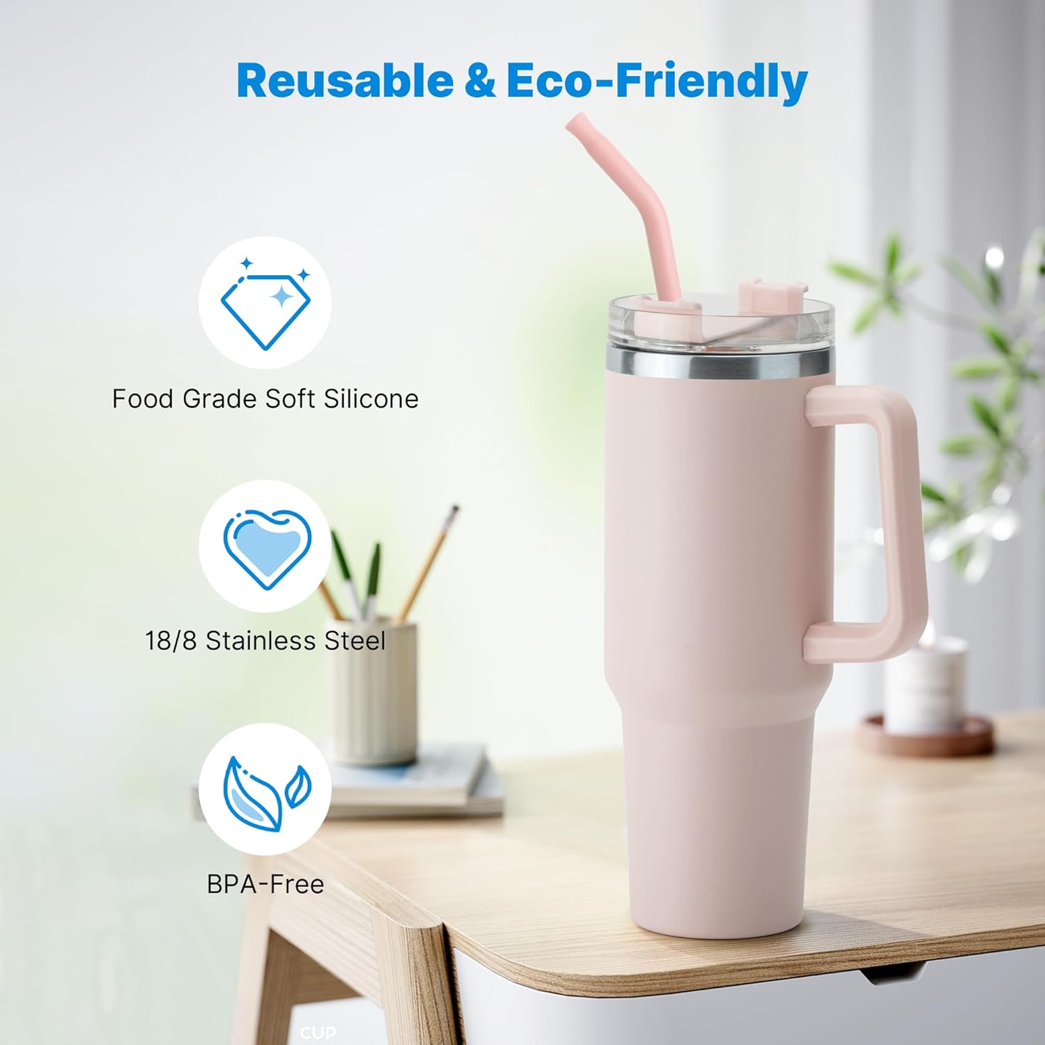 Skiennix Metal Straw Set - Silicone Tip for 40oz Stanley Cup | 2 Stainless Steel Straws + Brush (Light Pink)