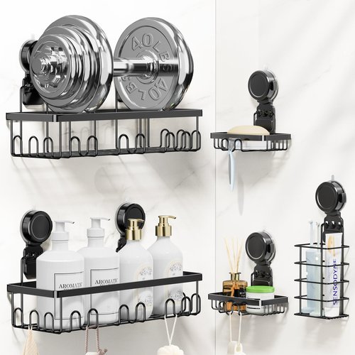 JOTPE Suction Cup Shower Shelf, 5 Pack Powerful Suction Cup Caddy with Hooks & Soap Holder, Drill-Free Wall Mounted Suction Basket, Large Capacity Removable Bathroom Storage, Hanging Up to 40lb/18KG