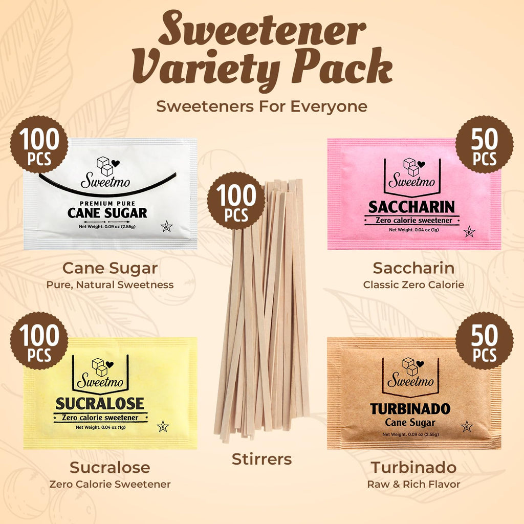 Sweetmo Sugar Packets Variety Pack - 400 Count of Sucralose, Raw, Cane Sugar & Stirrers | Perfect for Coffee & Tea