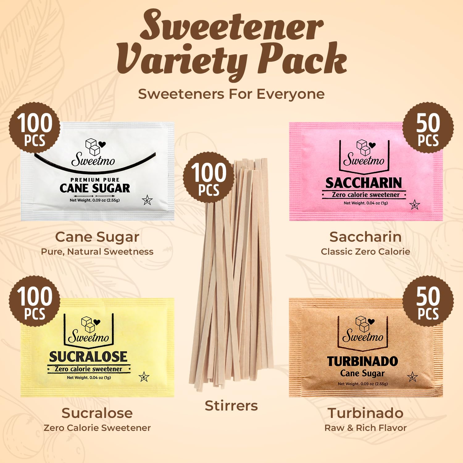 Sweetmo Sugar Packets Variety Pack - 400 Count of Sucralose, Raw, Cane Sugar & Stirrers | Perfect for Coffee & Tea