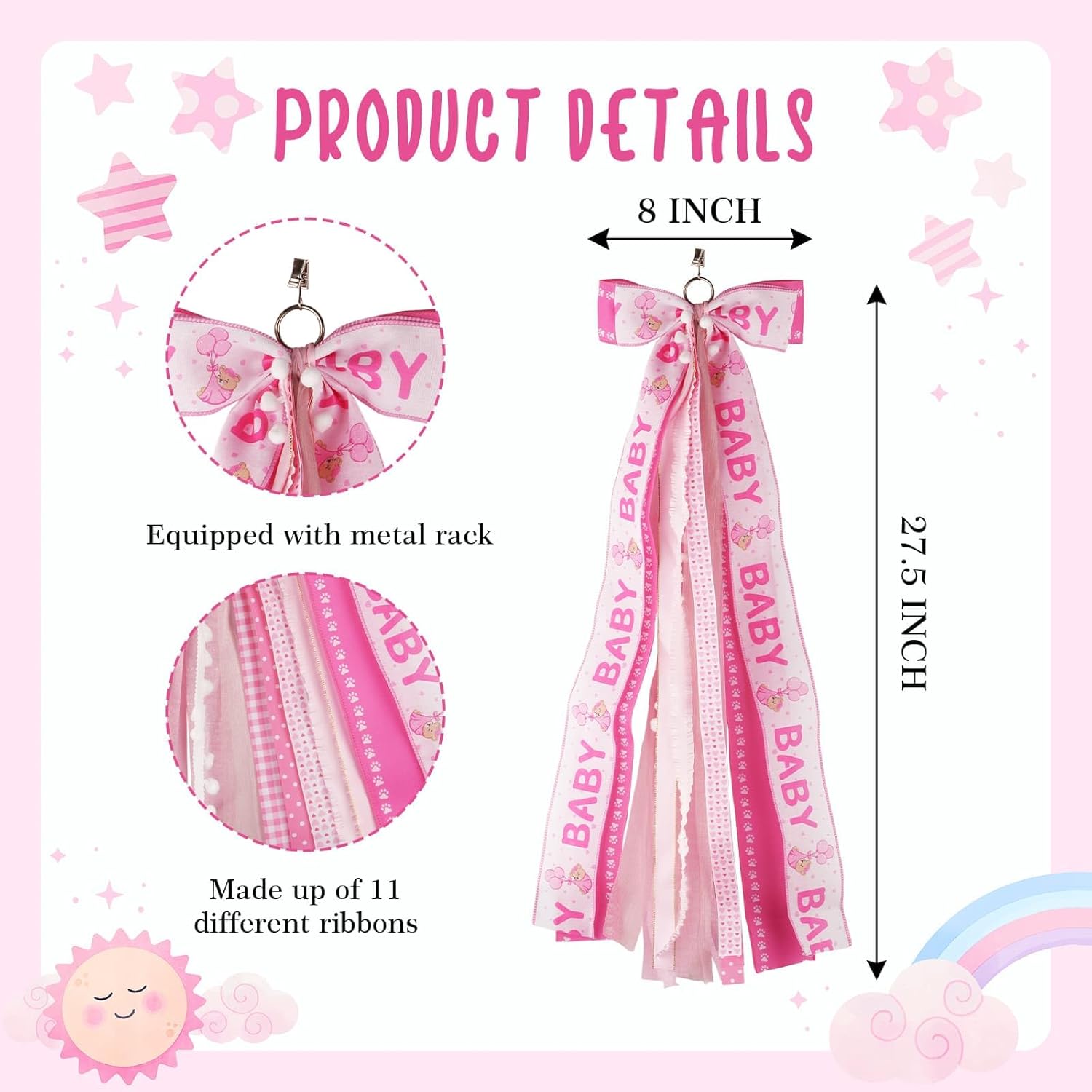 Regine Switzerland Baby Girl Welcome Home Wreath - 27.5" Large Pink Bow Door Hanger for Nursery Decor