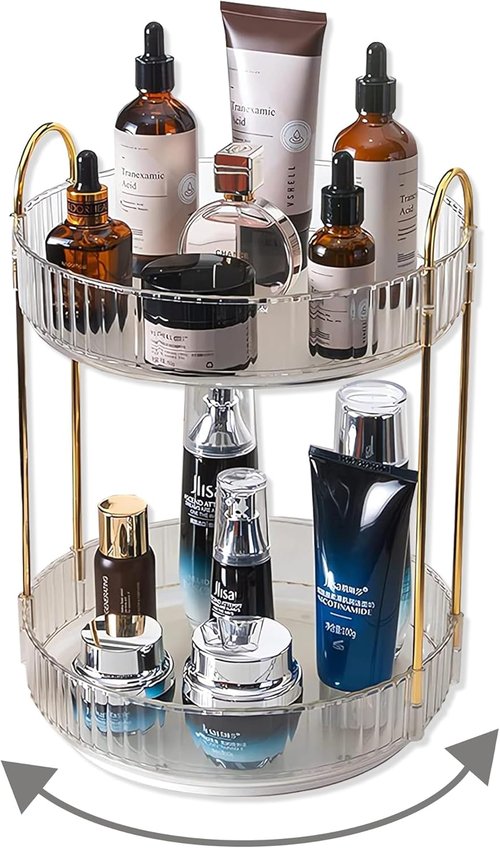 Asayuee 360° Rotating Makeup Organizer - 2-Tier Large Capacity for Skincare & Cosmetics | Clear