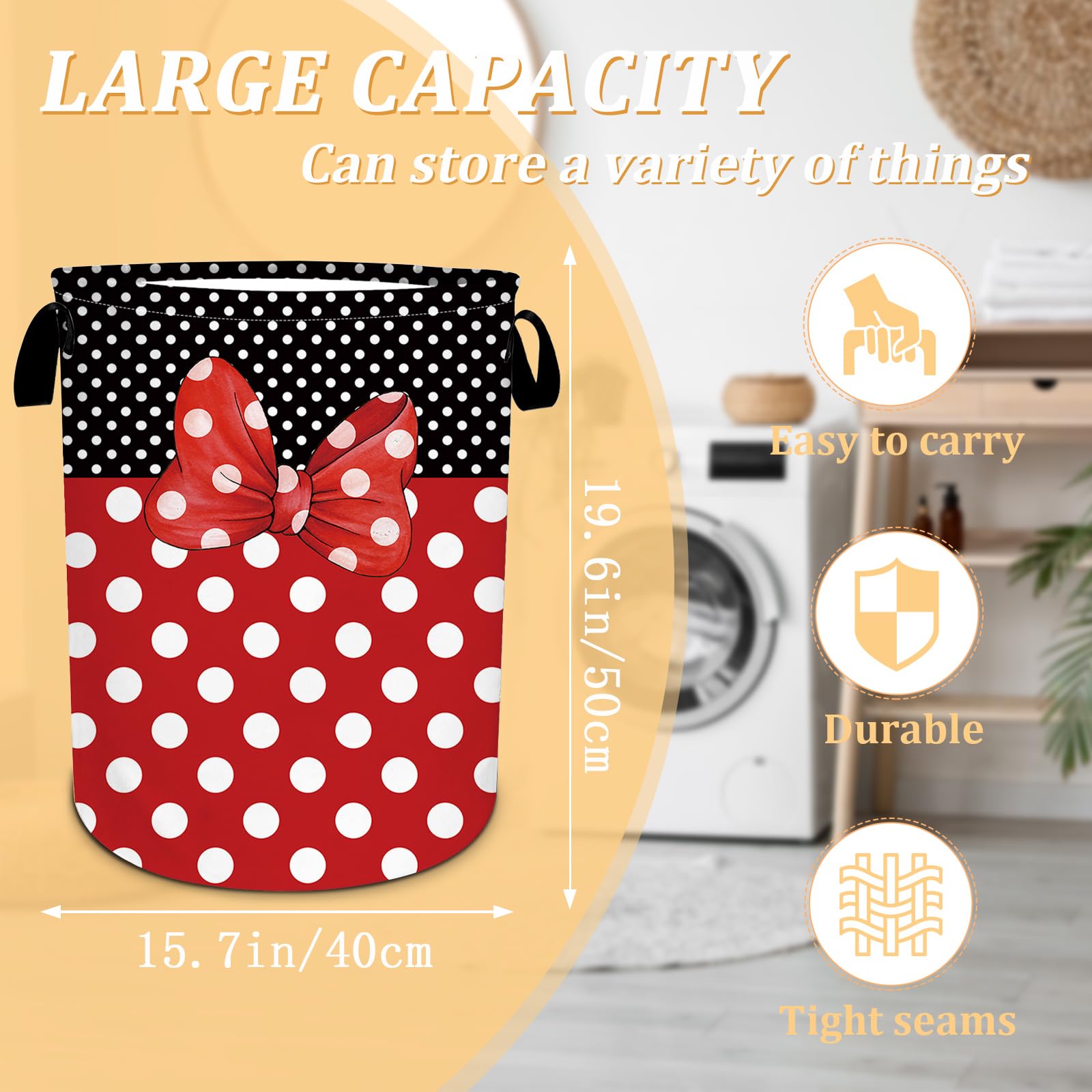 Black Red Polka Dot Laundry Basket, Cute Bow Tie Laundry Hamper Foldable Waterproof Funny Tote Bag Dirty Clothes Storage Bucket Toy Organizer for Bathroom/Laundry/Bedroom 15.7"x19.6"