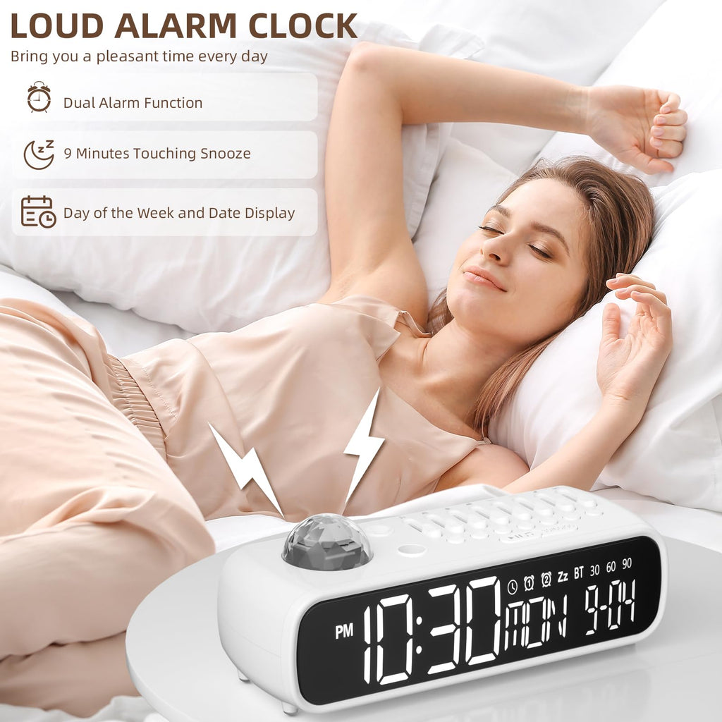 VOILEIPAGI White Noise Sound Machine with Clock for Baby Kids Adults, with 8 Soothing Sounds for Office & Sleeping, 30/60/90 Mins Timer, Bluetooth Speaker, Star Projector Galaxy Light for Home, Travel
