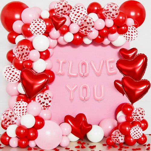 Valentines Day Balloon Arch Garland Kit, 138pcs Pink White Confetti Heart Balloons I LOVE YOU Foil Balloons for Valentine's Day Decorations Wedding Engagement Anniversary Party Supplies