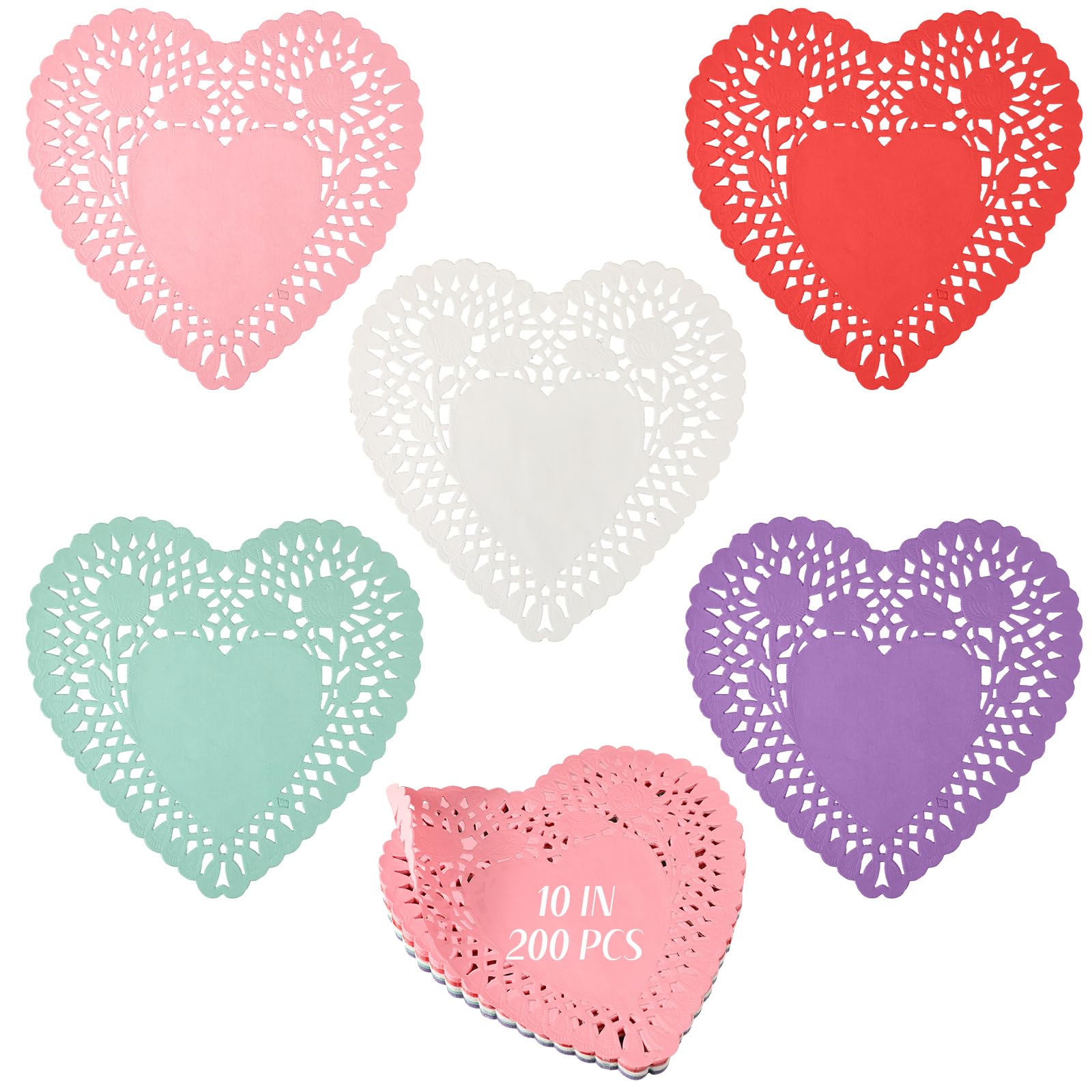 Potchen 200 Pcs 10 Inches Valentine's Day Heart Shaped Doilies Large Lace Paper Doilies Tableware Decoration Disposable Paper Placemats for Wedding Birthday Cake Dessert Kitchen Table Crafts 5 Colors