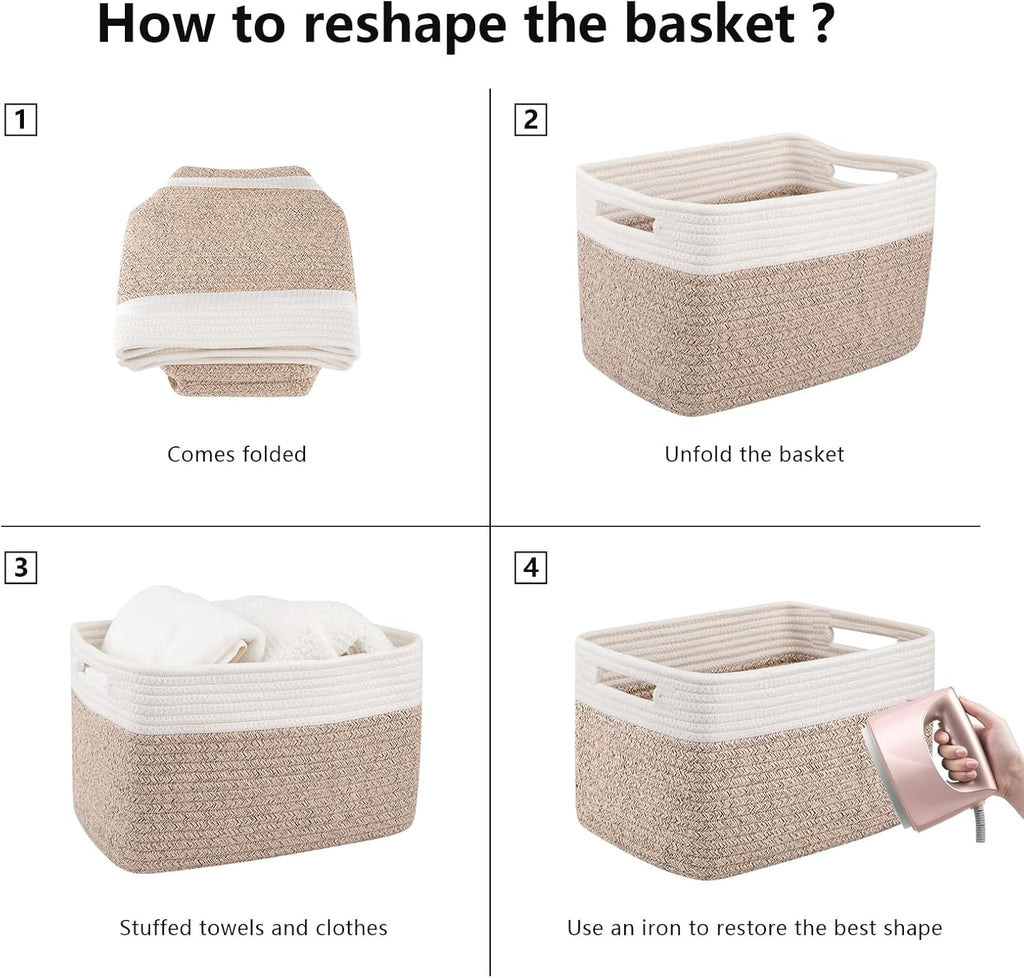 OIAHOMY Storage Baskets - Woven Cotton Rope Organizers with Handles | 13" L x 9" W x 7.8" H, Brown & White