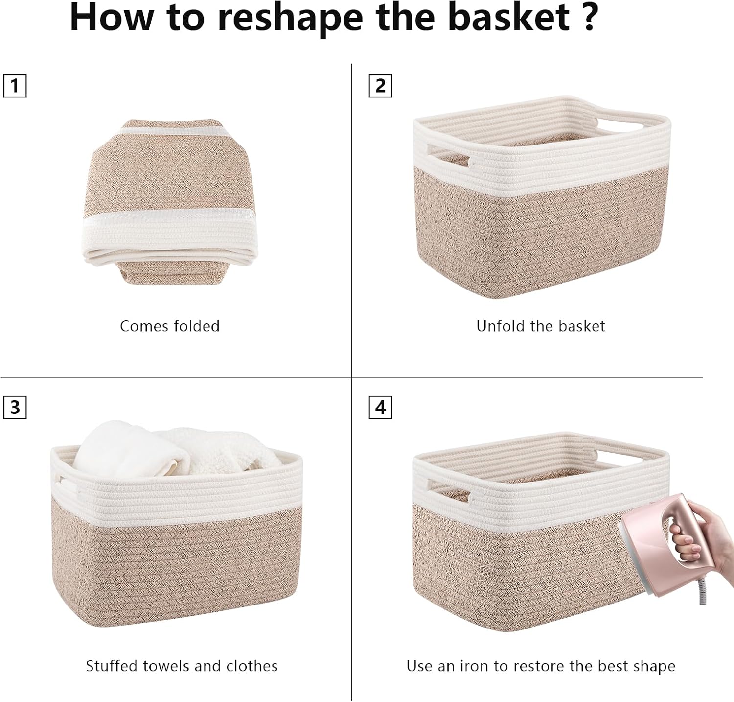 OIAHOMY Storage Baskets - Woven Cotton Rope Organizers with Handles | 13" L x 9" W x 7.8" H, Brown & White