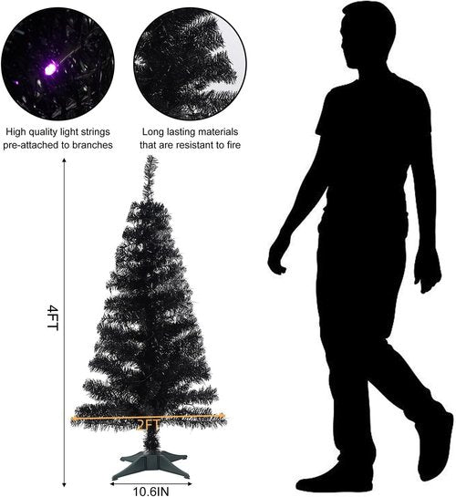 Juegoal Black Christmas Tree - Pre-Lit 4 FT Tinsel Pine with 70 LED Lights & Timer for Halloween Decor