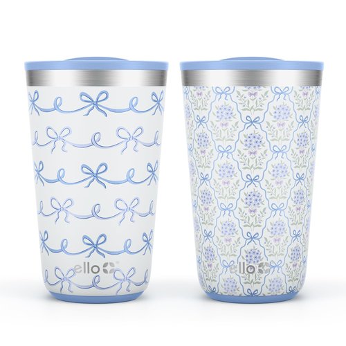 Ello 2 Pack 16oz Stainless Steel Stacking Cups with Easy Press Lids | Pint Size Reusable Tumblers for Parties, Home, Camping, Outdoor | Keeps Cold for 16 Hours, Dishwasher Safe | Bows & Flowers