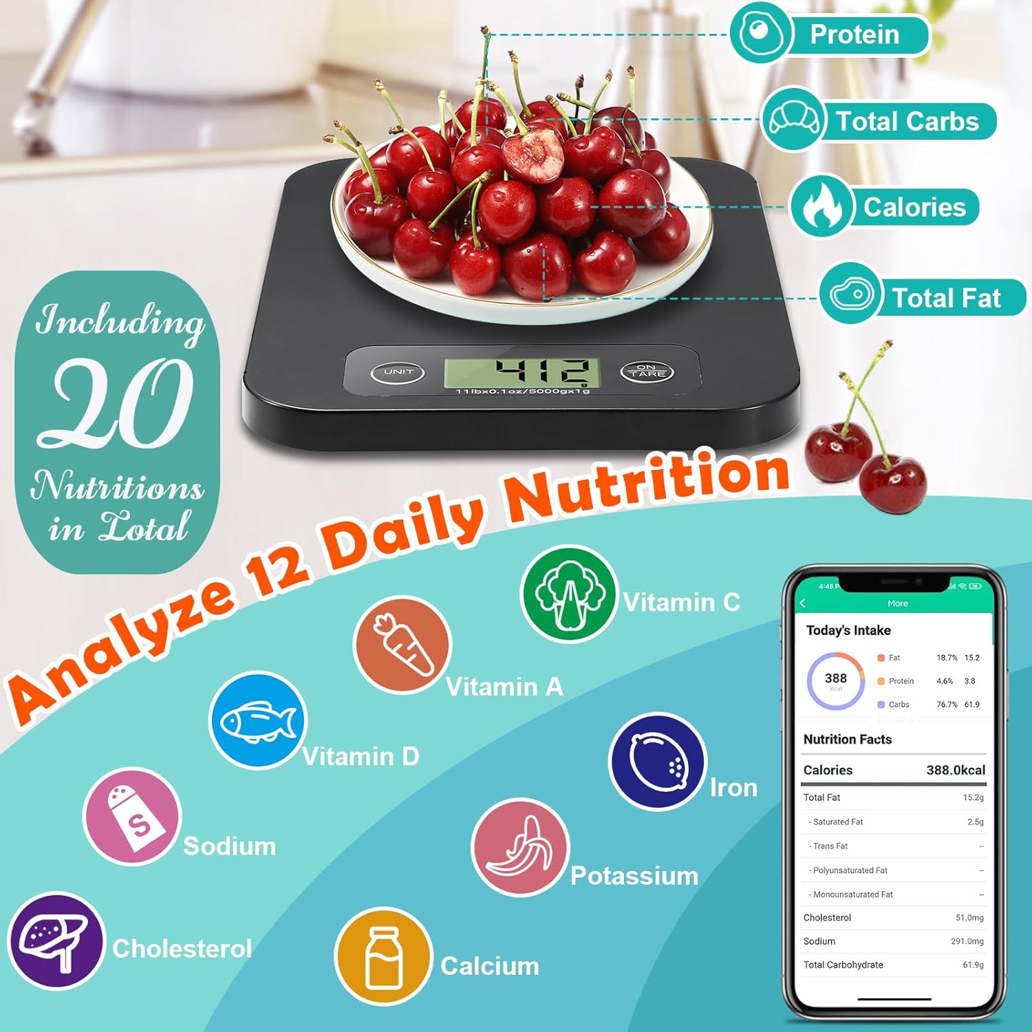 URAMAZ Digital Food Scale - Nutritional Calculator for Weight Loss | Tracks 20 Nutrients, 11lb Capacity