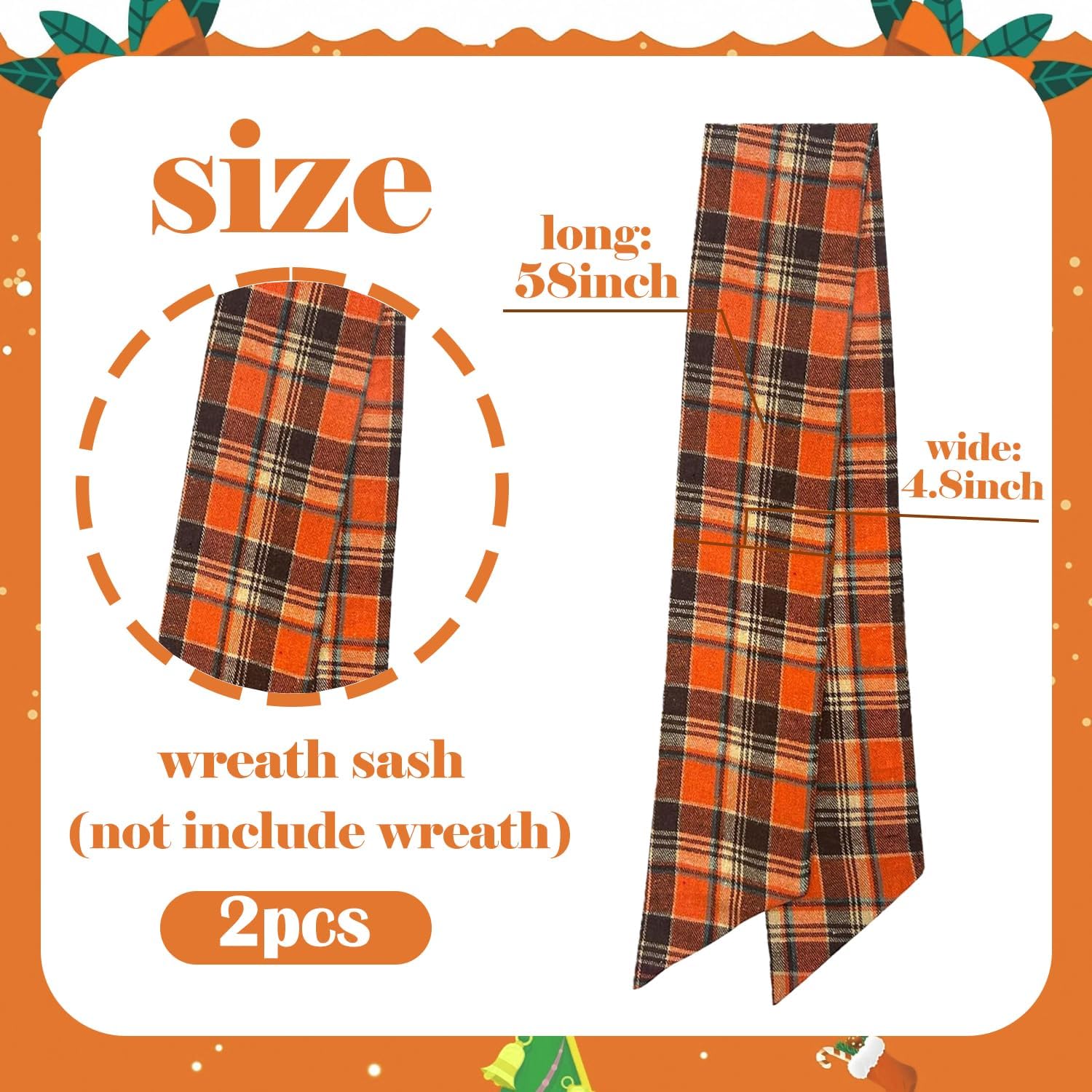 Skiennix Wreath Sash - Orange Plaid Garland Ribbon for Indoor/Outdoor Home Decoration