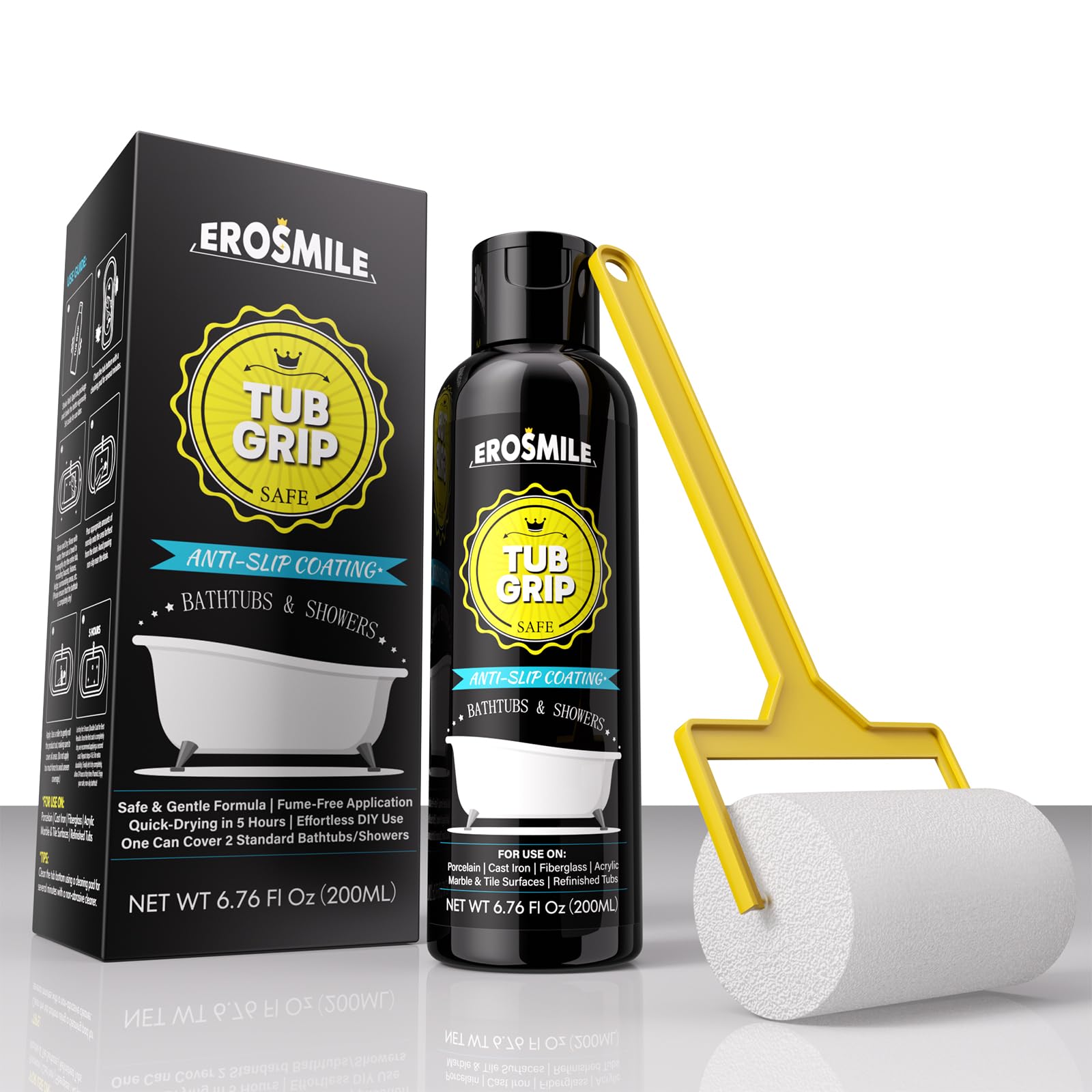 EROSMILE Tub Grip Anti-Slip Bath & Shower Floor Solution - Non-Slip Textured Coating for Slippery Fiberglass & Acrylic Bathtub or Showers - 6.76 Oz / 200ml