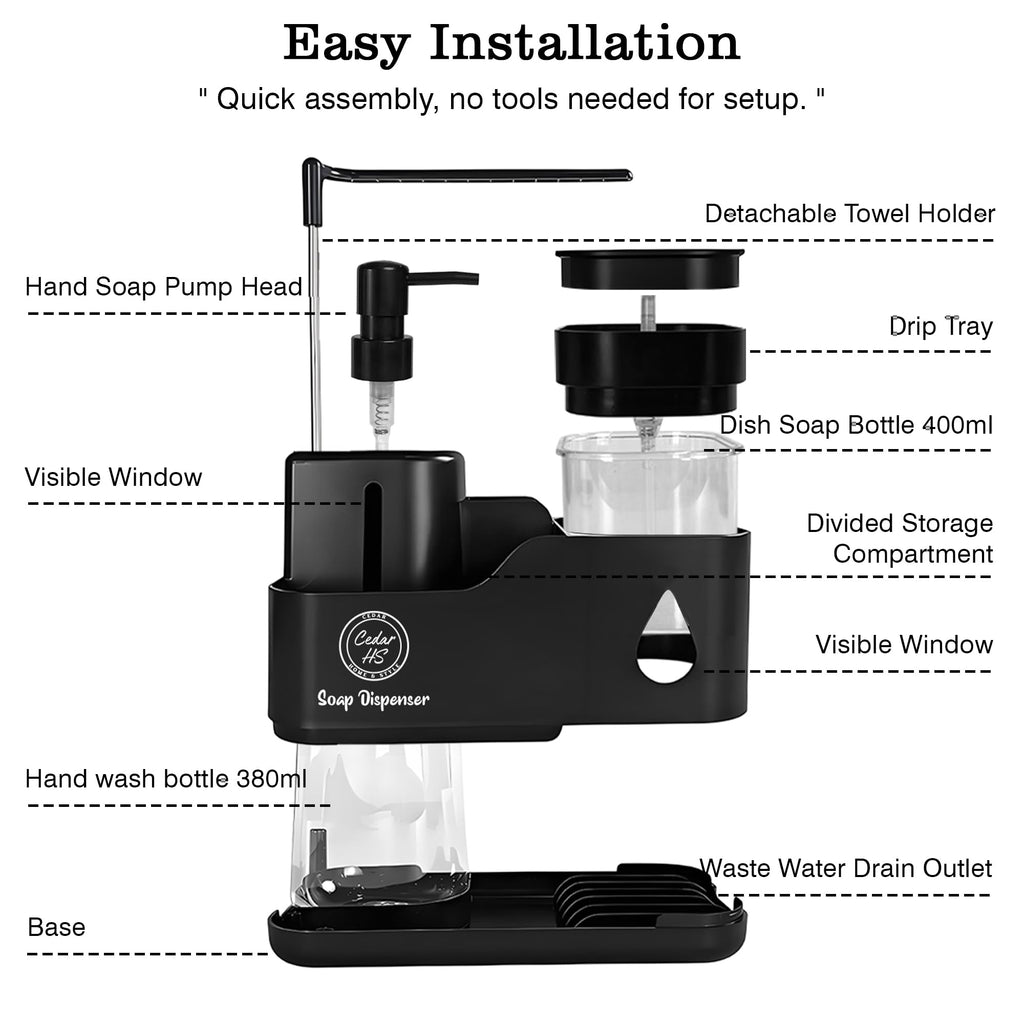 Kitchen Soap Dispenser Set (Black) – 4 in 1 Dual Pump Bottles with Sponge Caddy, Brush Holder, Towel Bar & Drain Rack – Space-Saving Countertop Organizer for Sink & Bathroom