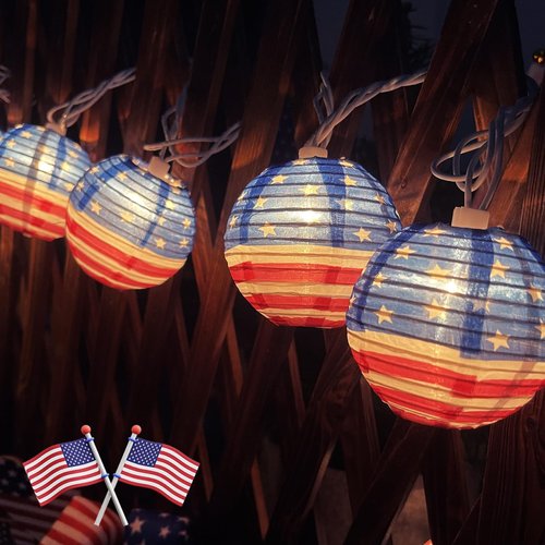 Romasaty 4th of July Decorations Lights, 8.5Ft American Flag Lantern String Lights with 10 Lantern Lights, Plug in Patriotic Light for Indoor Independence Day Party Memorial Day