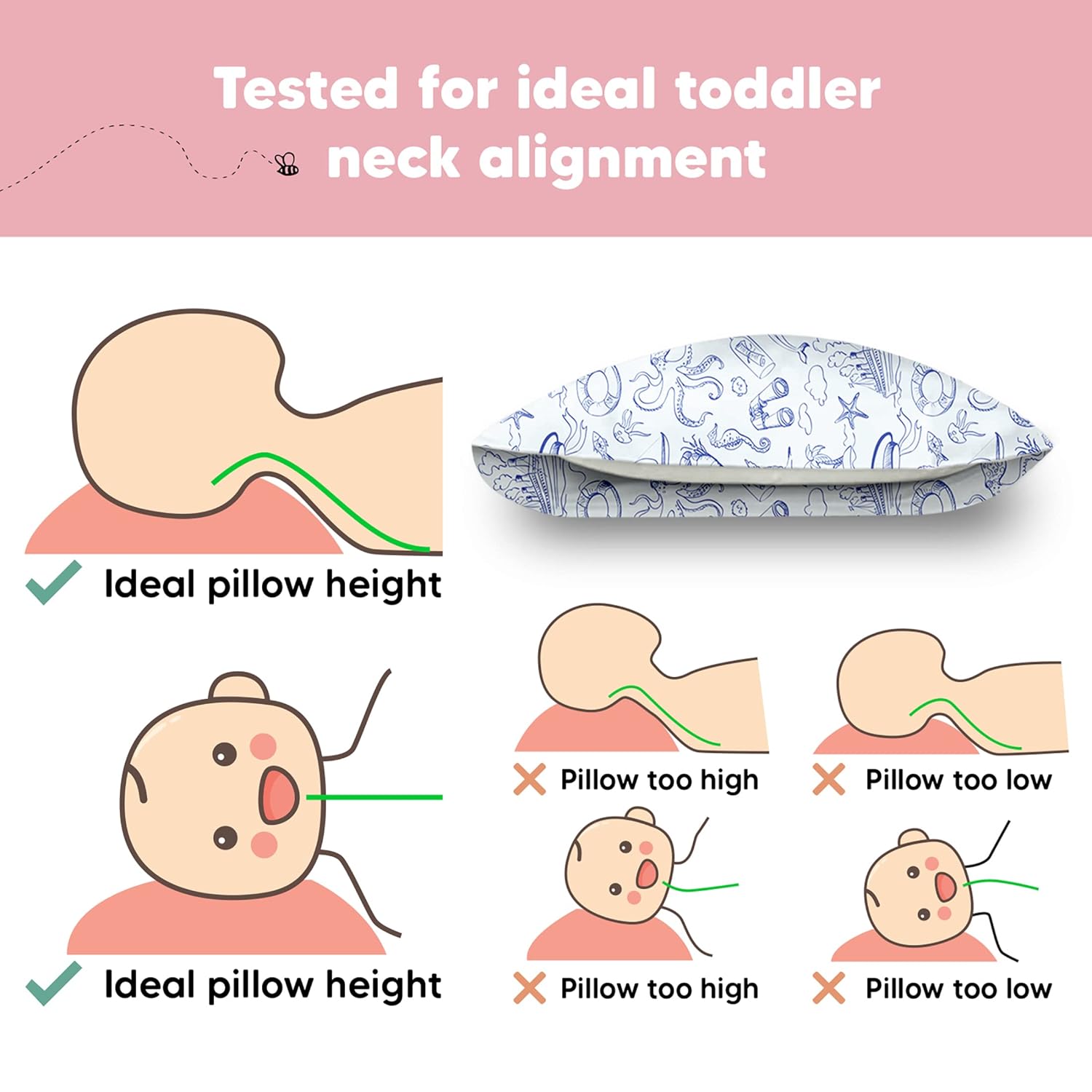 My Little Dreamy Toddler Pillow - Organic Cotton Travel Bed Pillow with Case, Soft & Breathable | 13x18 Inches, Nautical Design for Ages 2-5
