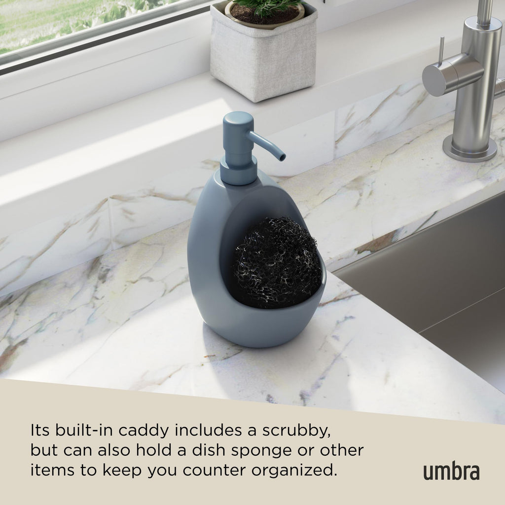 Umbra Joey Ceramic Liquid Soap Dispenser with Sponge Caddy, Ideal for Kitchen or Bathroom Use, Slate Blue