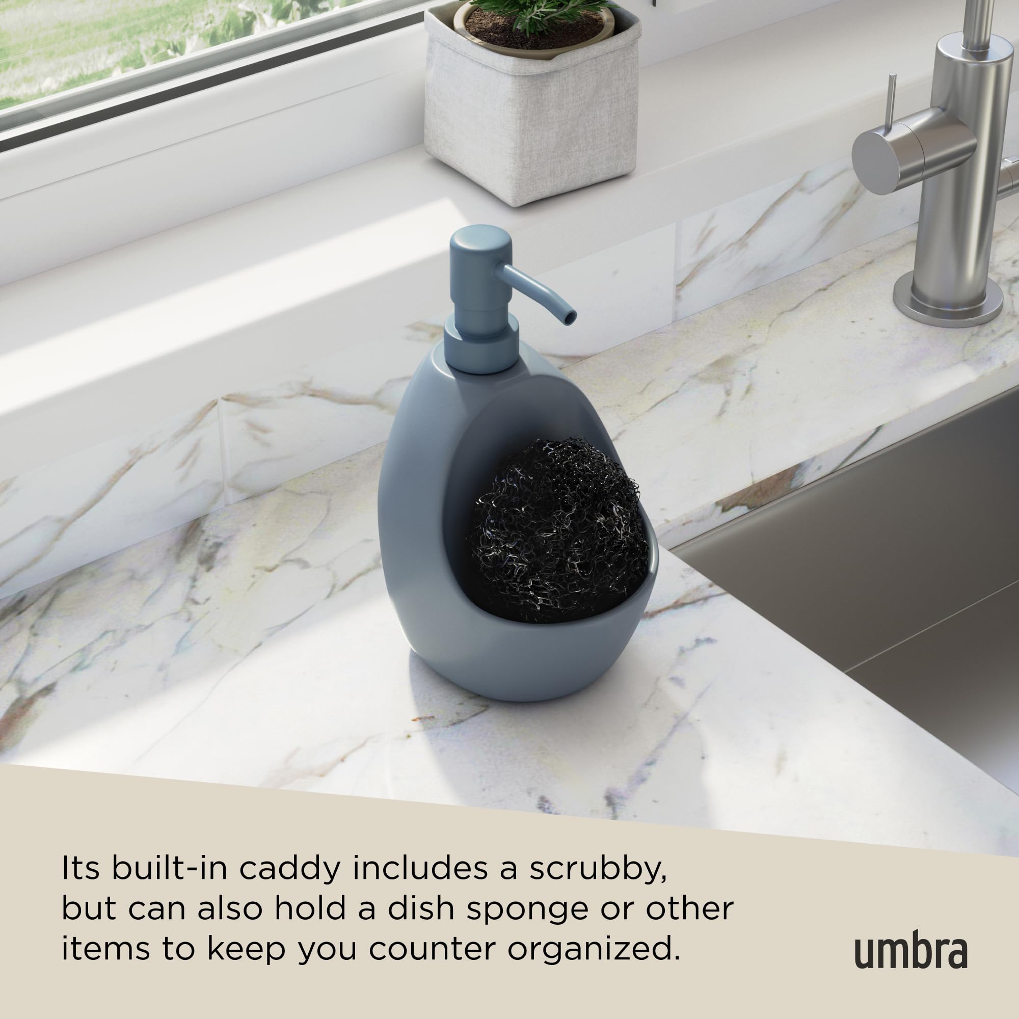 Umbra Joey Ceramic Liquid Soap Dispenser with Sponge Caddy, Ideal for Kitchen or Bathroom Use, Slate Blue