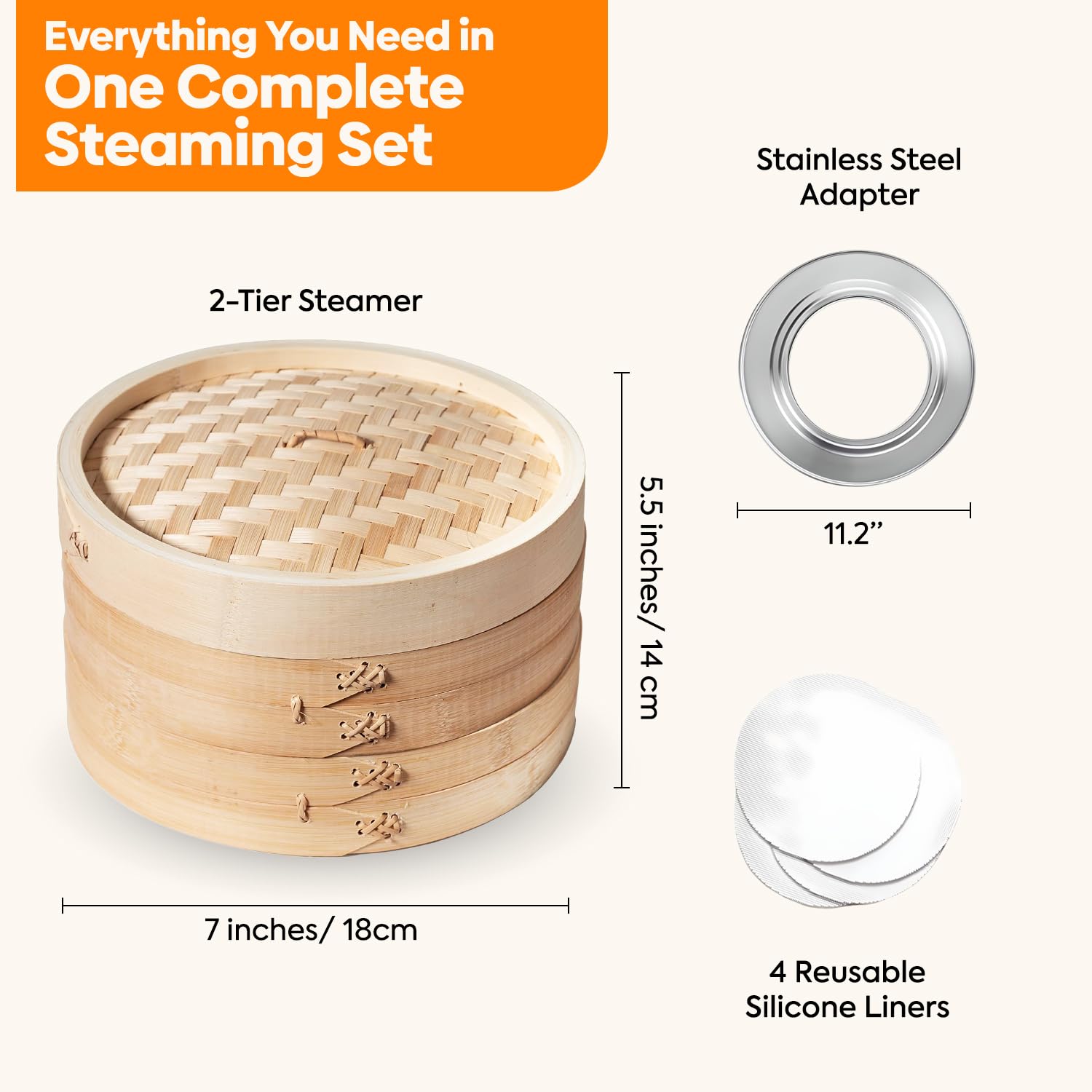10-Inch Bamboo Steamer Basket, 2-Tier Natural Bamboo Steamer with Lid & Liners – Traditional Dim Sum, Dumplings, Bao Buns, Vegetables & Healthy Asian Cooking