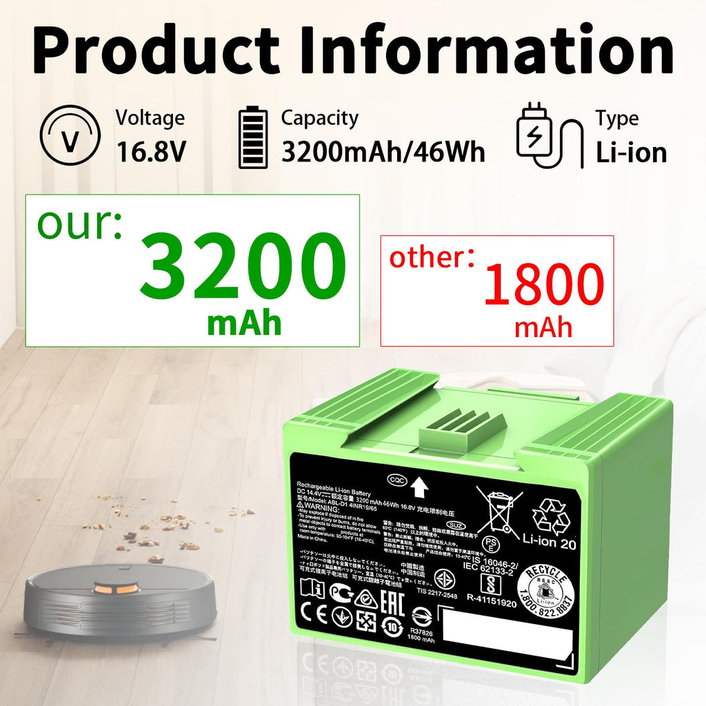 High Capacity for Roomba i7 Battery Compatible with iRobot Roomba i and e j Series, for J7 i7 i7+ i8 i8+ i6 i5 i4 i4+ i3 i3+ i7158 J7 7150 7550 and e5 e6 e5150 e5152 e6198 5511 ABL-D1 ABL-D2 14.4V