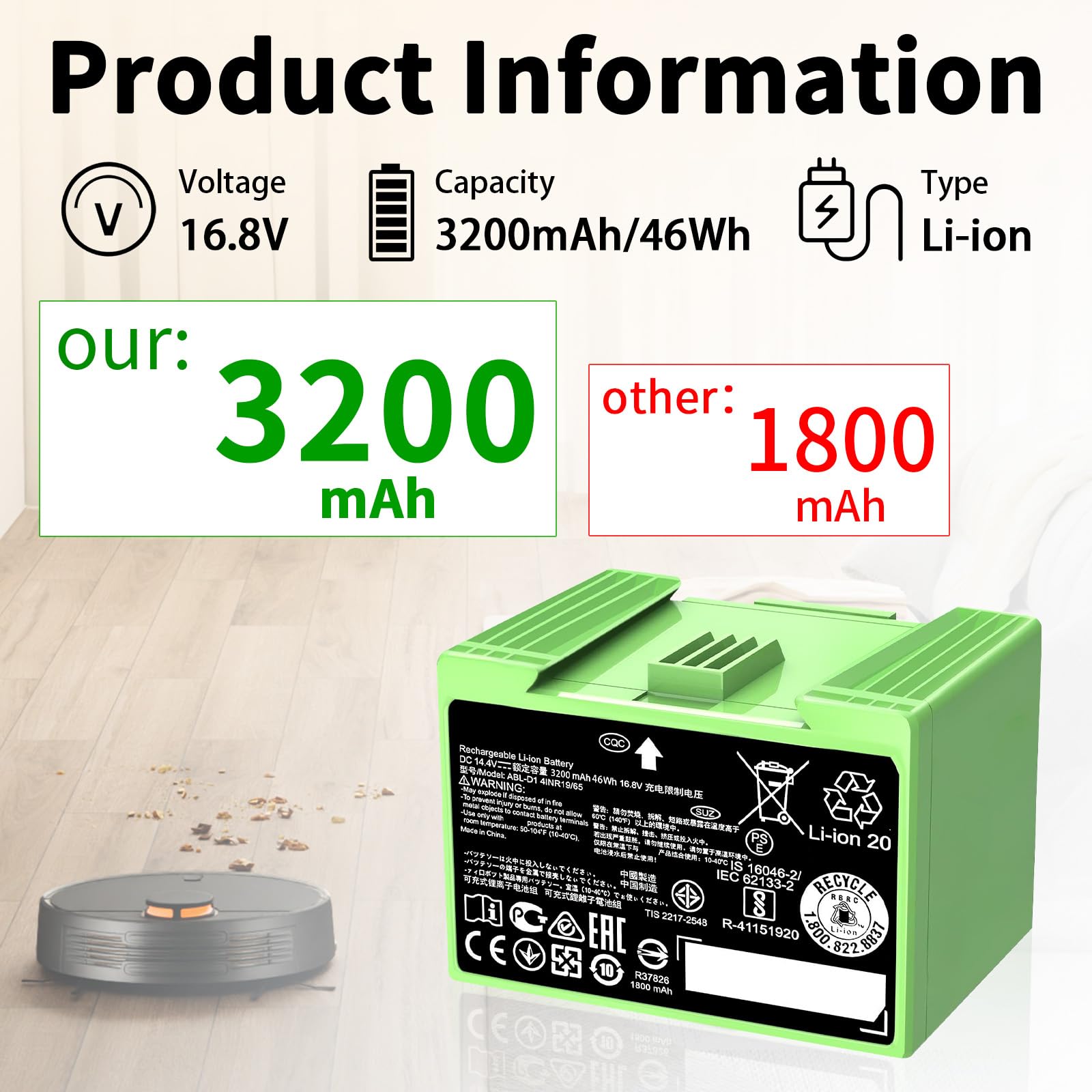 High Capacity for Roomba i7 Battery Compatible with iRobot Roomba i and e j Series, for J7 i7 i7+ i8 i8+ i6 i5 i4 i4+ i3 i3+ i7158 J7 7150 7550 and e5 e6 e5150 e5152 e6198 5511 ABL-D1 ABL-D2 14.4V