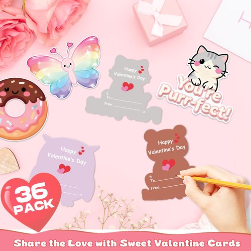 WENHUI 36 Pack Valentines Day Cards for Kids School – Adorable Die-Cut Animal & Food Classroom Valentines with Pink Envelopes & Stickers, 9 Cute Designs for Boys, Girls & Teachers