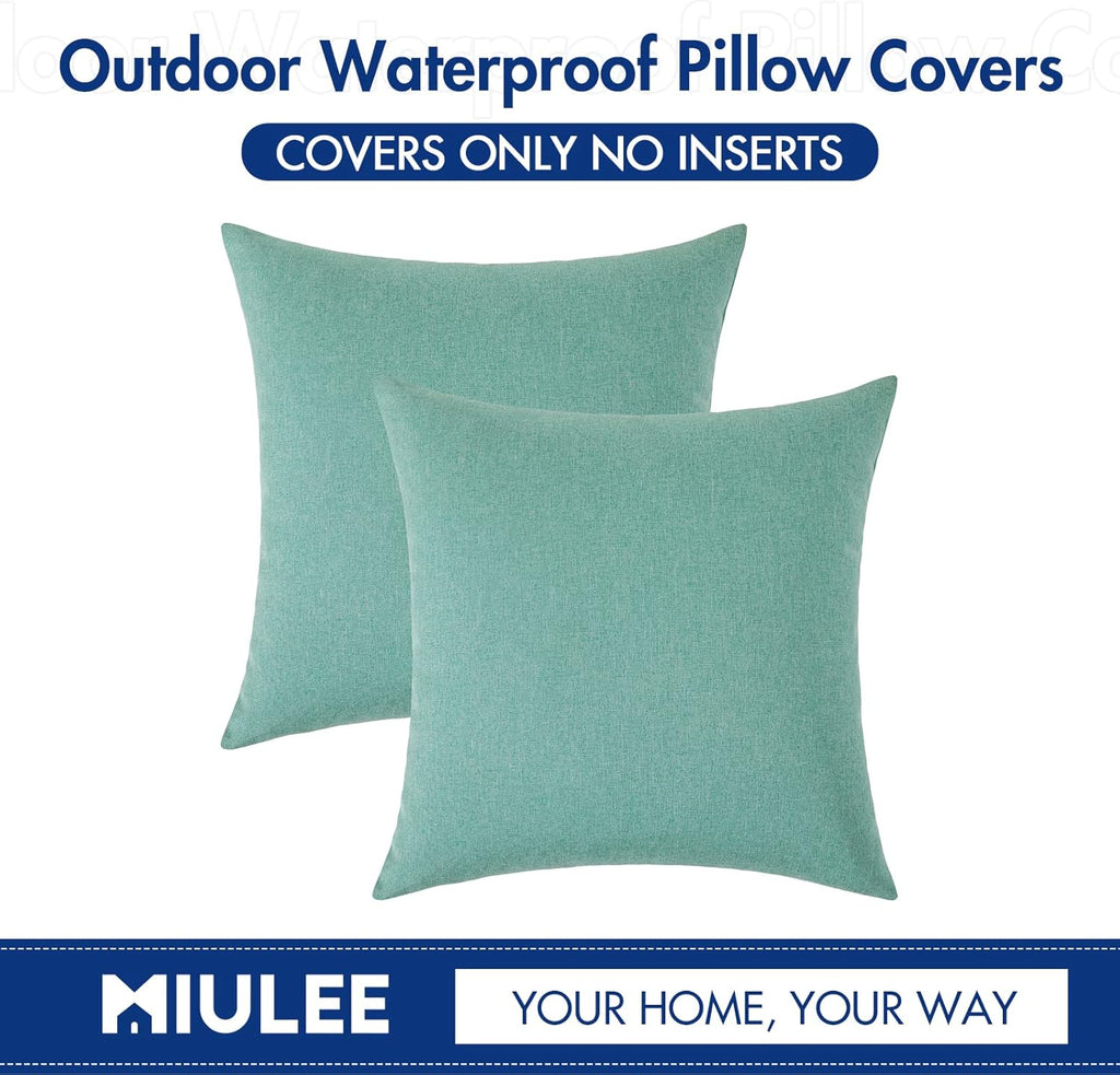 MIULEE Decorative Outdoor Throw Pillow Covers - Waterproof Faux Linen Cushion Cases | 12x12 Inch Teal, Pack of 2