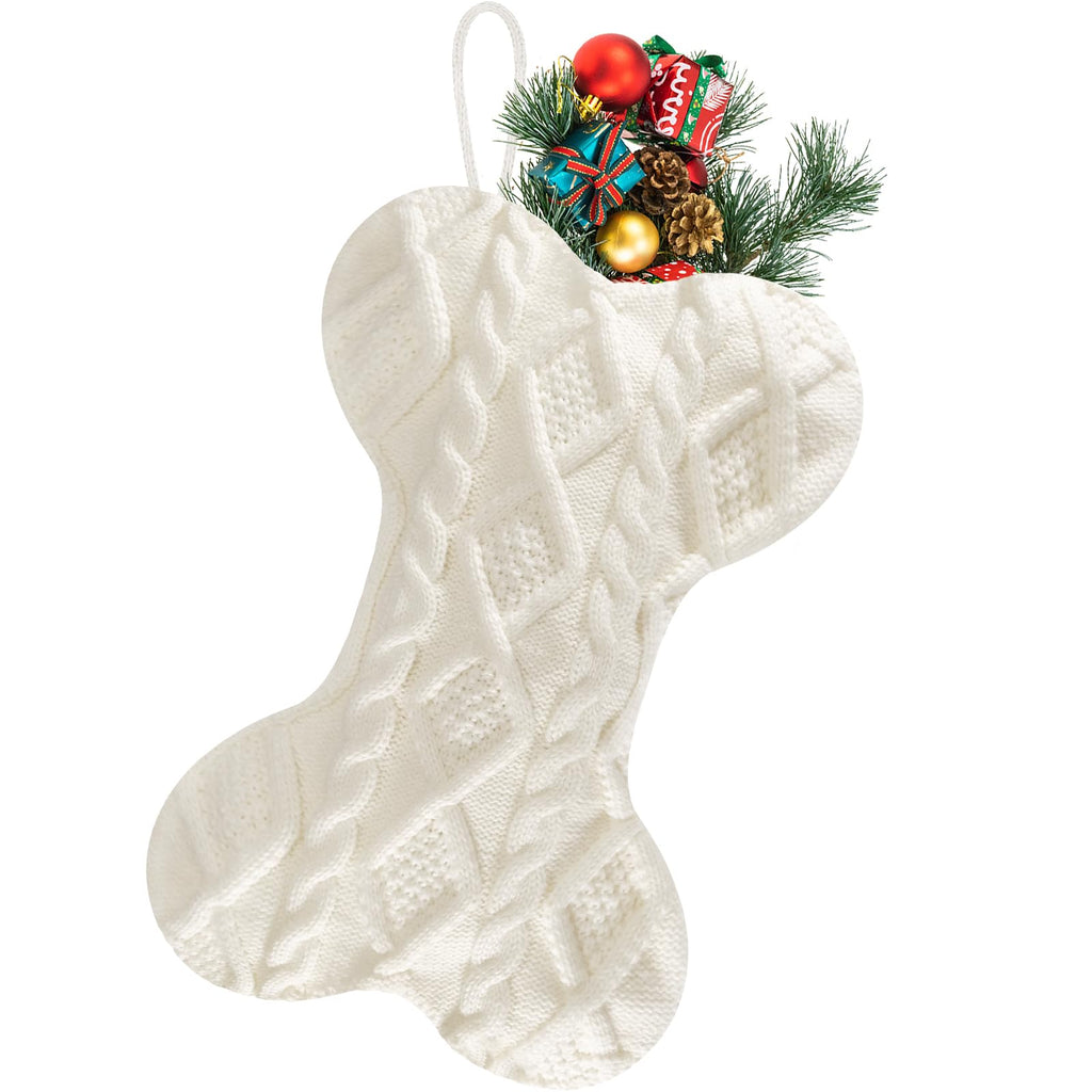 Doitory Dog Christmas Stocking, Large Bone Shape Knit Christmas Stockings for Dogs, Xmas Party Hanging Stocking for Fireplace Tree Gift Home Decoration (White)