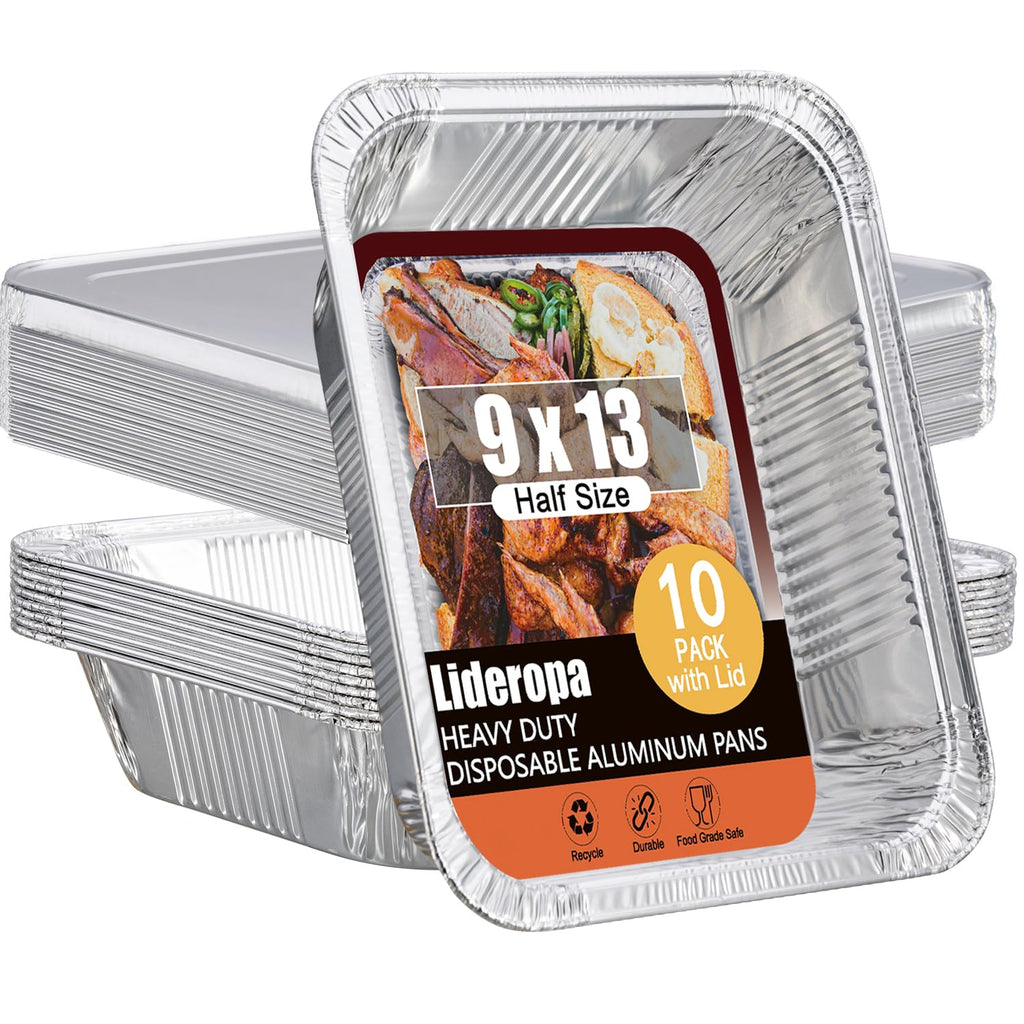 Lideropa Disposable Aluminum Foil Pans with Lids 9x13-10 Pack Aluminum Foil Pans, Heavy Duty Aluminum Baking Pans for Cooking, Baking, Meal Prep, Parties & Food Storage